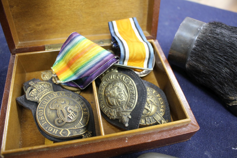 A WWI group of two medals to 35247 Private C E Jolleys Royal Lancs Regiments, a group of assorted badges, three paste set buckles and s